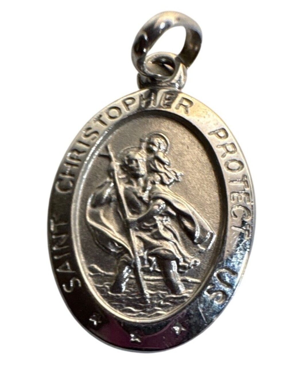 Saint Christopher 10K White Gold Oval Pendant Protect Us Made In Italy